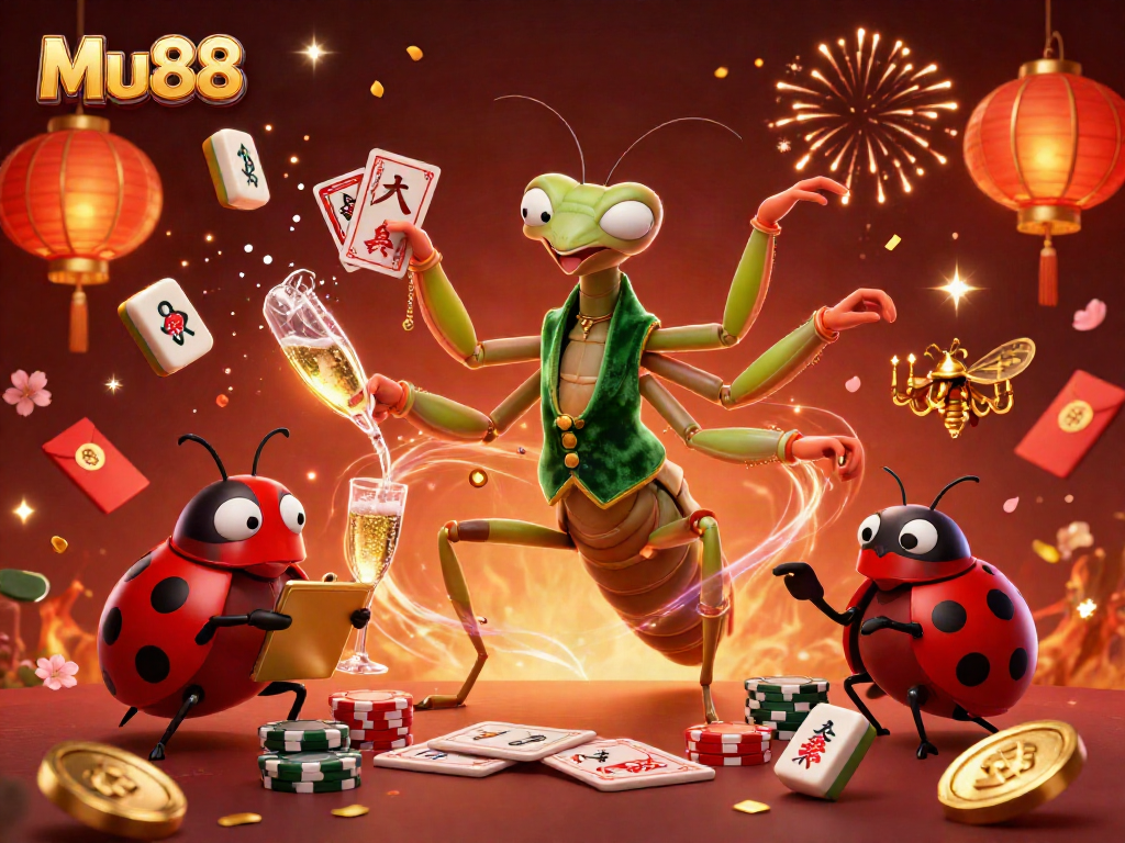 Engage with Mu88's online gaming excitement featuring vibrant casino characters and festive decorations.